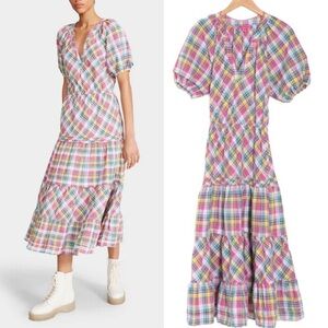 NEW Betsey Johnson‎ Madras Puff Sleeve Midi Dress Size Small Tiered Plaid Boho S